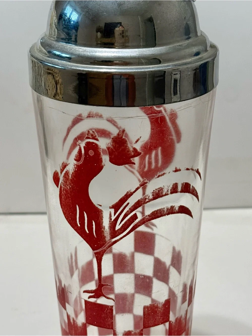 Vintage Drunken Rooster Cocktail Shaker - Red & White Checkered Rooster 10.5” T